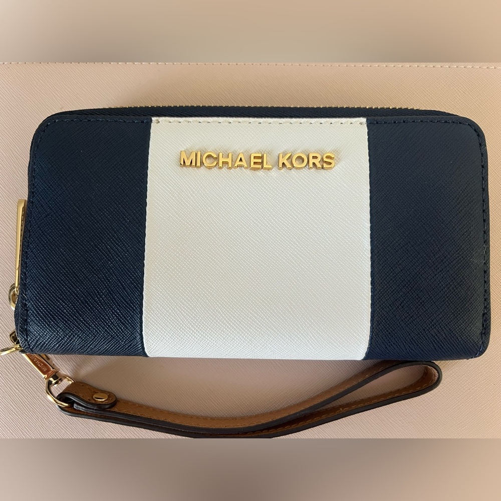Michael Kors Navy and White Wristlet Wallet